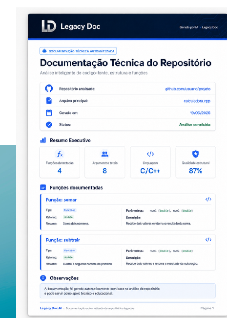 Relatório técnico do Legacy Doc com resumo executivo, funções documentadas e observações